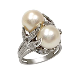 Antique Vintage South Sea Pearl Ring Toi Et Moi Diamonds 15k White Gold