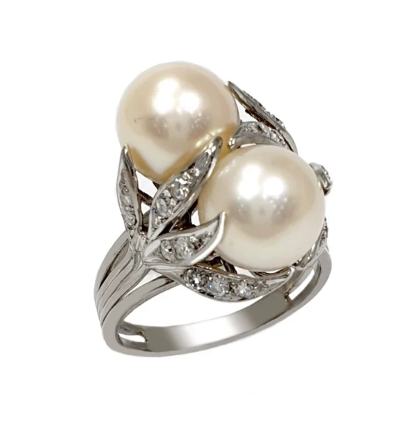 Antique Vintage South Sea Pearl Ring Toi Et Moi Diamonds 15k White Gold