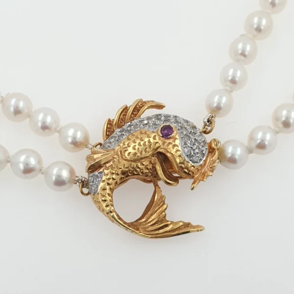 Vintage Double Pearl Necklace with Fish Pendant 14k Gold & Diamonds - Image 3