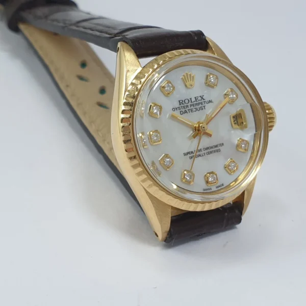 Lady Rolex Oyster Perpetual Datejust 18K Gold Fluted Bezel Diamonds Dial 6517 - Image 2