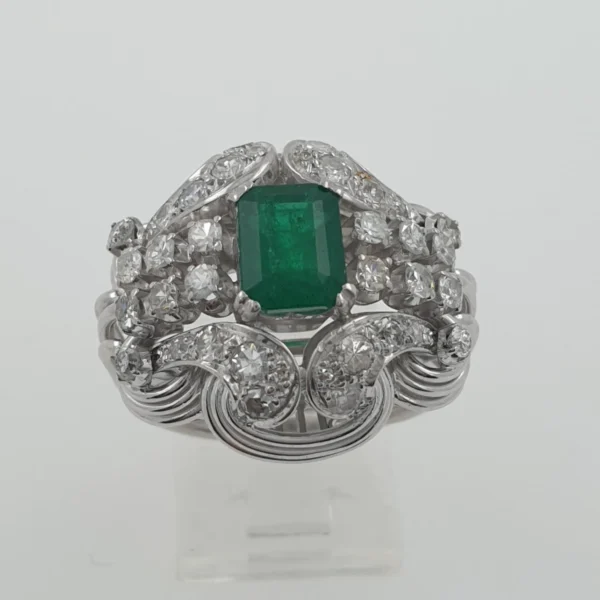 Handmade Unique Vintage 14k White Gold Ring with Emerald & Natural Diamonds - Image 3