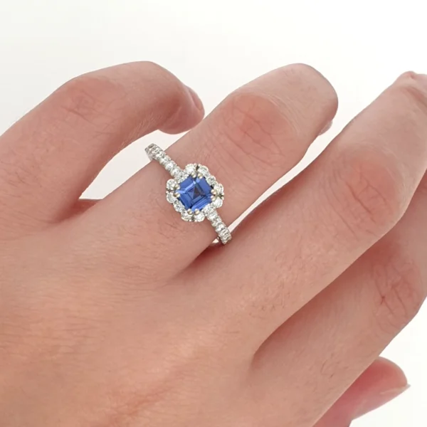 14k White Gold Ring with Natural Diamonds and Lab Sapphire - Image 2