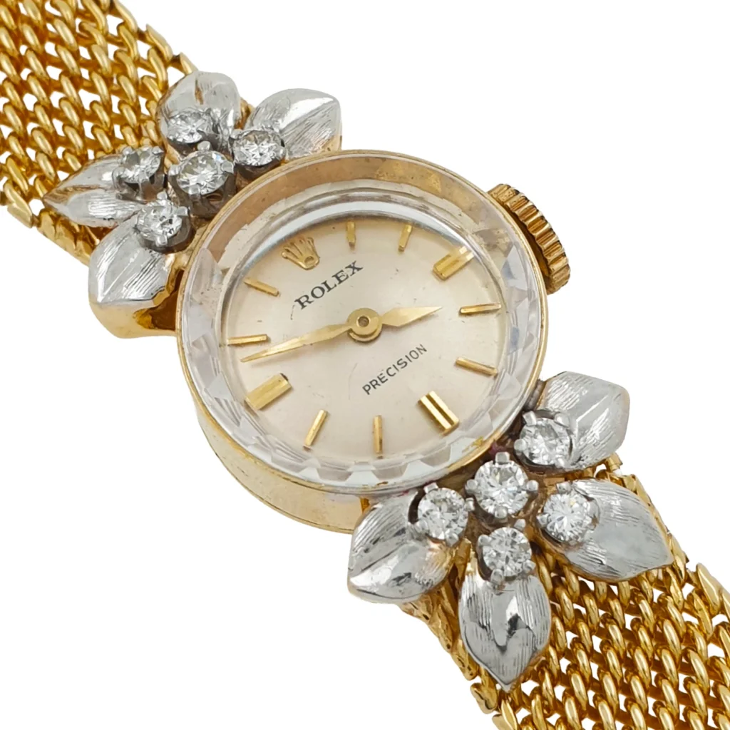 Rolex Precision Vintage 14k Yellow Gold Lady Watch with Natural Diamonds 1950s