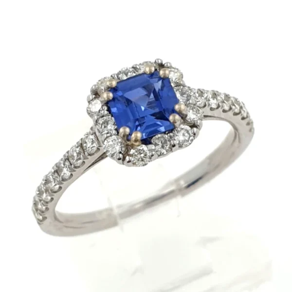 14k White Gold Ring with Natural Diamonds and Lab Sapphire