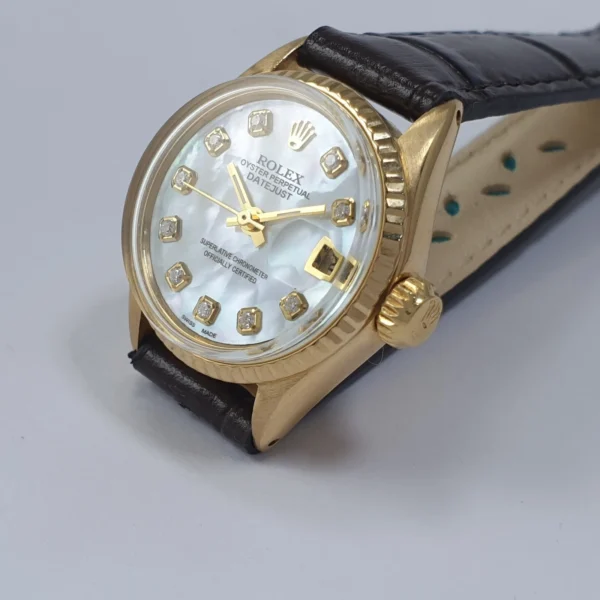 Lady Rolex Oyster Perpetual Datejust 18K Gold Fluted Bezel Diamonds Dial 6517 - Image 3