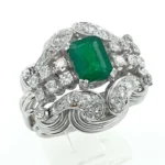 Handmade Unique Vintage 14k White Gold Ring with Emerald & Natural Diamonds