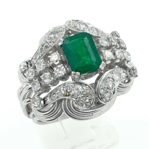 Handmade Unique Vintage 14k White Gold Ring with Emerald & Natural Diamonds