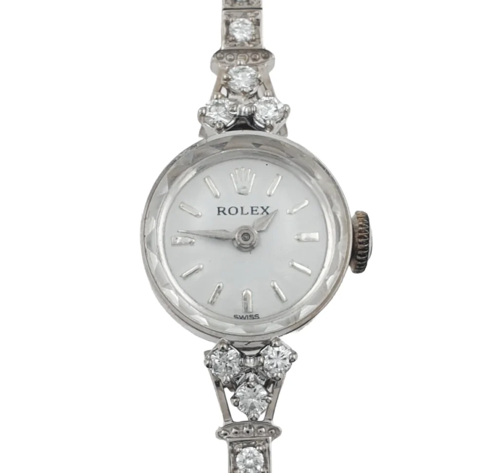 Lady Rolex Vintage Manual Watch 14k White Gold with Natural Diamonds 1950s