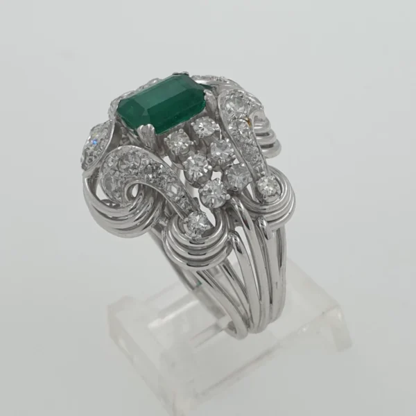 Handmade Unique Vintage 14k White Gold Ring with Emerald & Natural Diamonds - Image 5