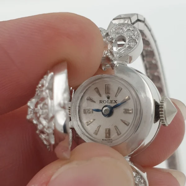 Lady Rolex Vintage Hidden Manual Watch 14k White Gold with Diamonds Circa 1950s - Image 3