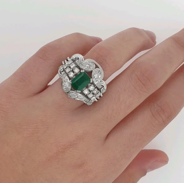 Handmade Unique Vintage 14k White Gold Ring with Emerald & Natural Diamonds - Image 2