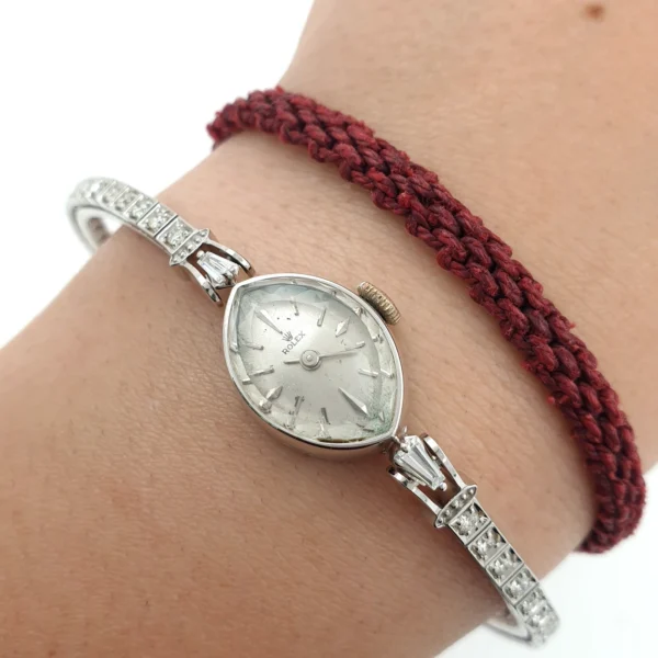 Lady Rolex Vintage Manual Watch 14k White Gold with Natural Diamonds 1950s - Image 10