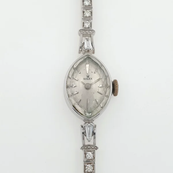 Lady Rolex Vintage Manual Watch 14k White Gold with Natural Diamonds 1950s - Image 9