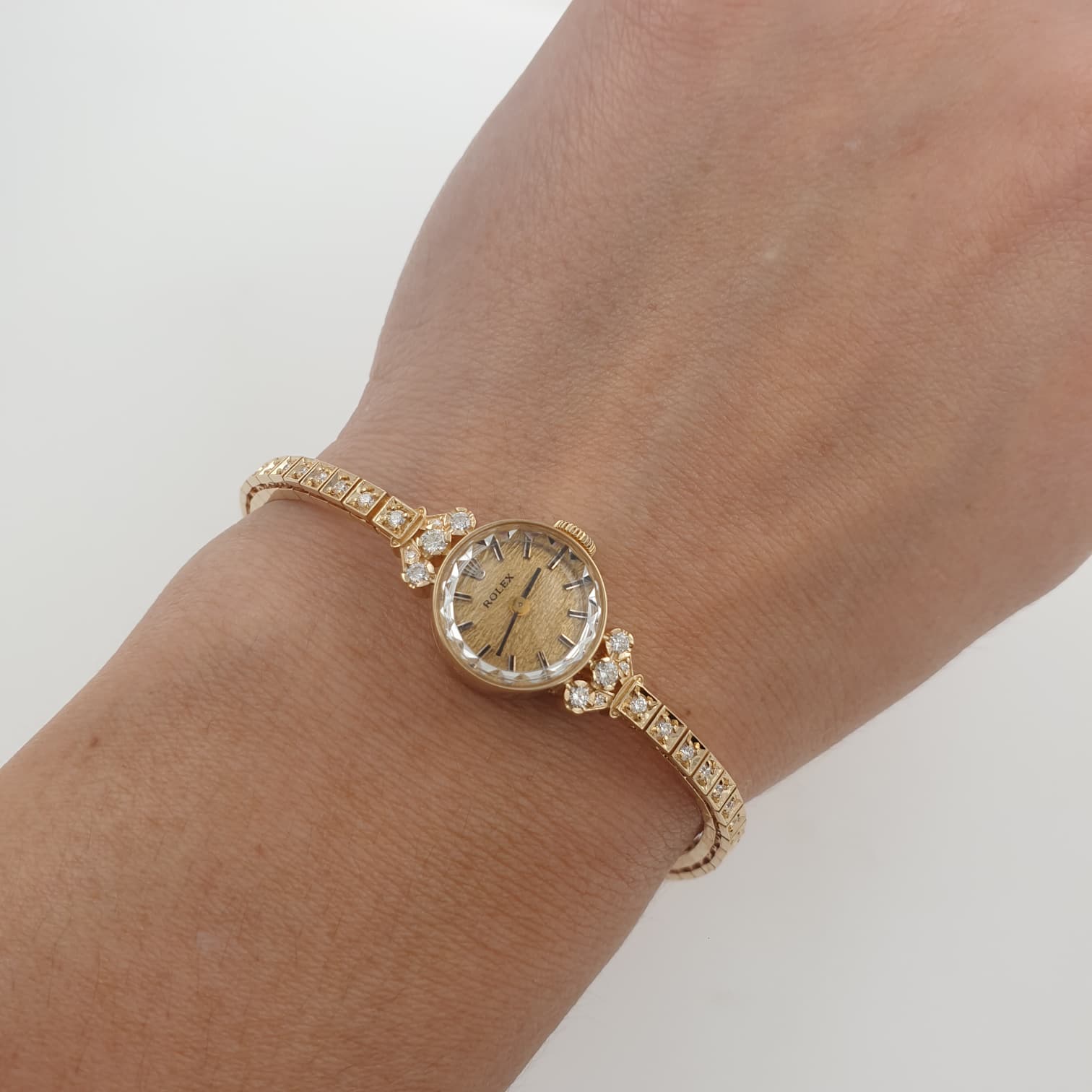 Lady Vintage Rolex Textured Dial Manual Watch 14k Yellow Gold with Tennis Diamonds Circa 1950s - Image 2