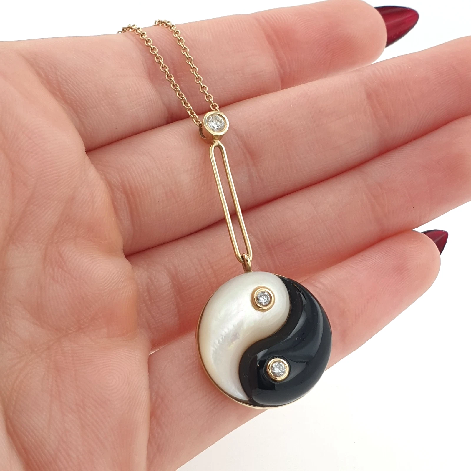 Retrouvai Pendant Necklace 14K Gold Yin Yang Diamonds Onyx and Mother of Pearl - Image 2