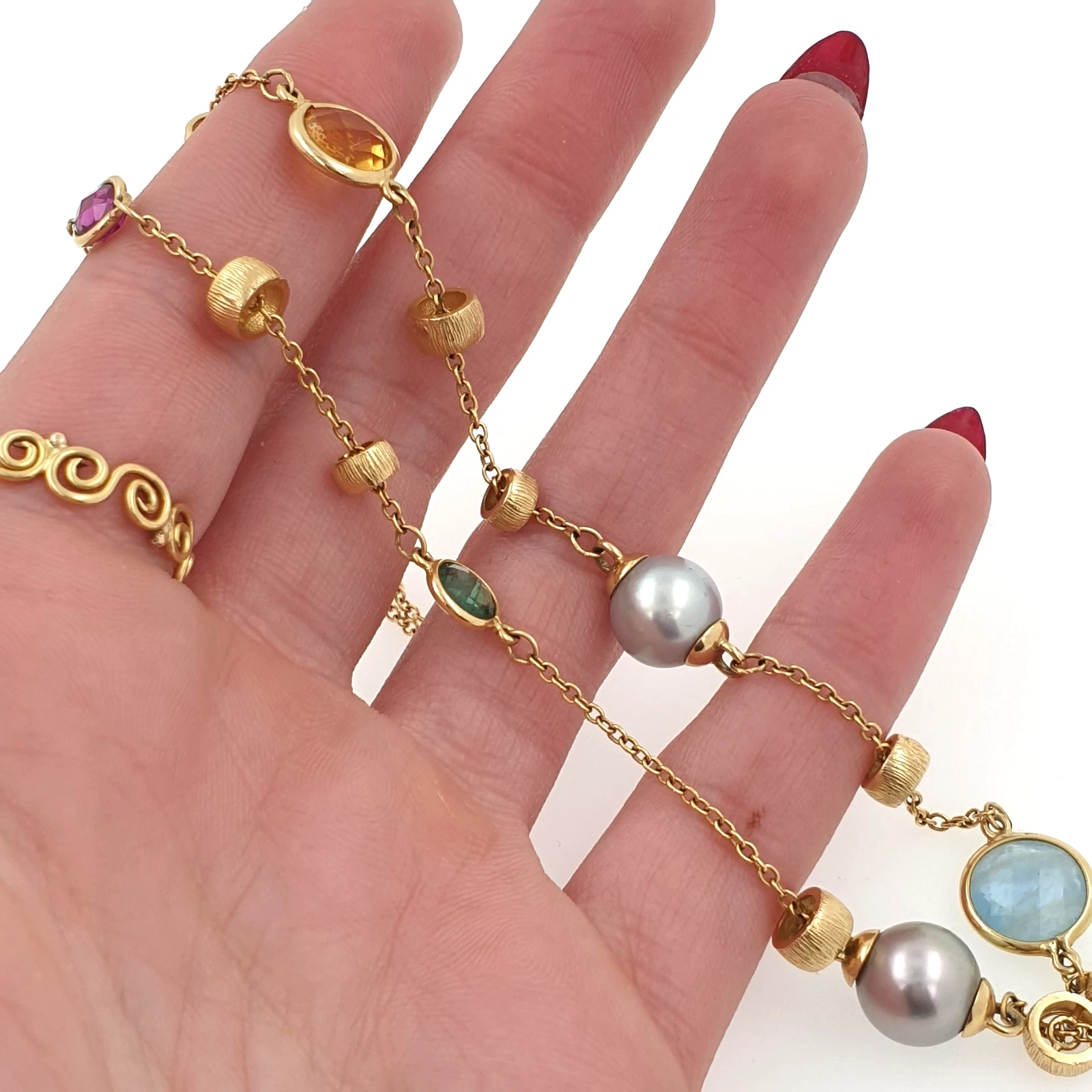 Vintage Station Necklace with Natural Stones 14k Yellow Gold - Charms & Beads - Image 2