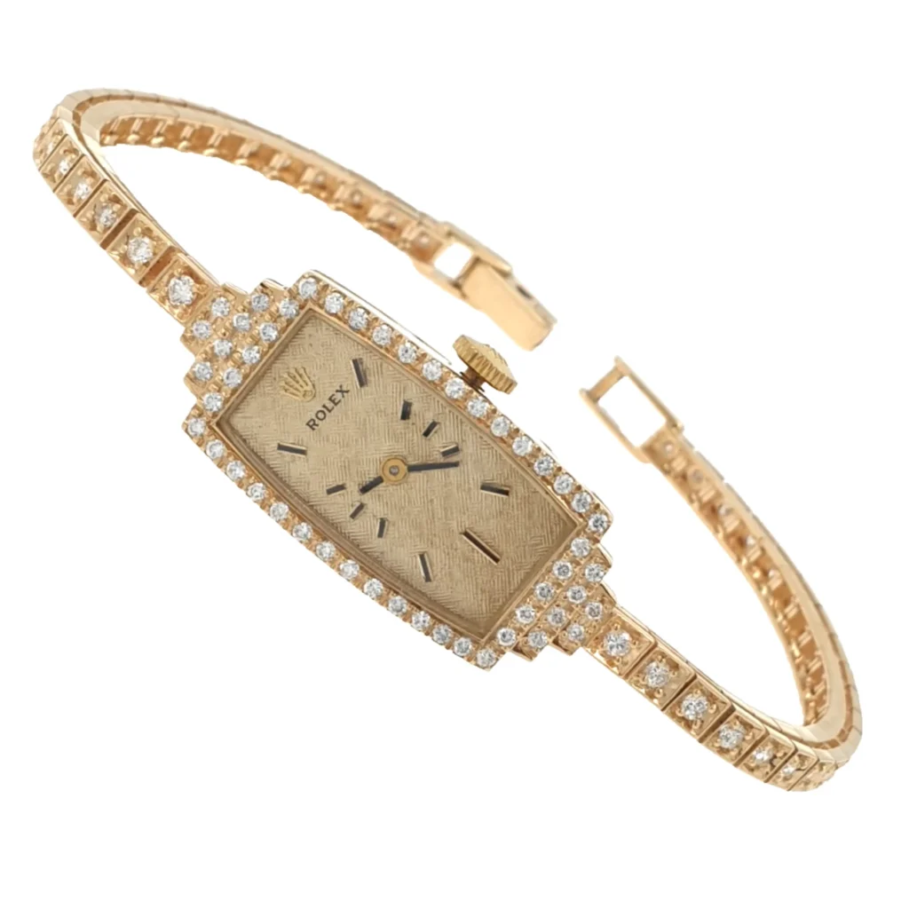Lady Vintage Rolex Manual Rectangular Watch 14k Yellow Gold with Diamonds Circa 1950s