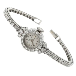 Lady Vintage Rolex Manual Watch 14k White Gold with Tennis Diamonds Circa 1950s