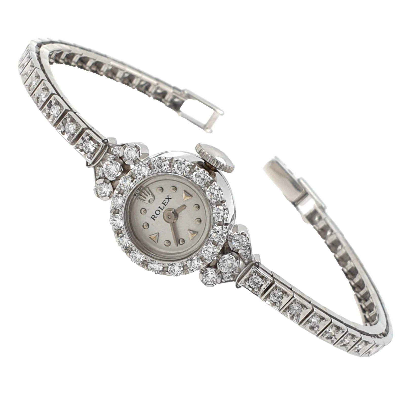 Lady Vintage Rolex Manual Watch 14k White Gold with Tennis Diamonds Circa 1950s