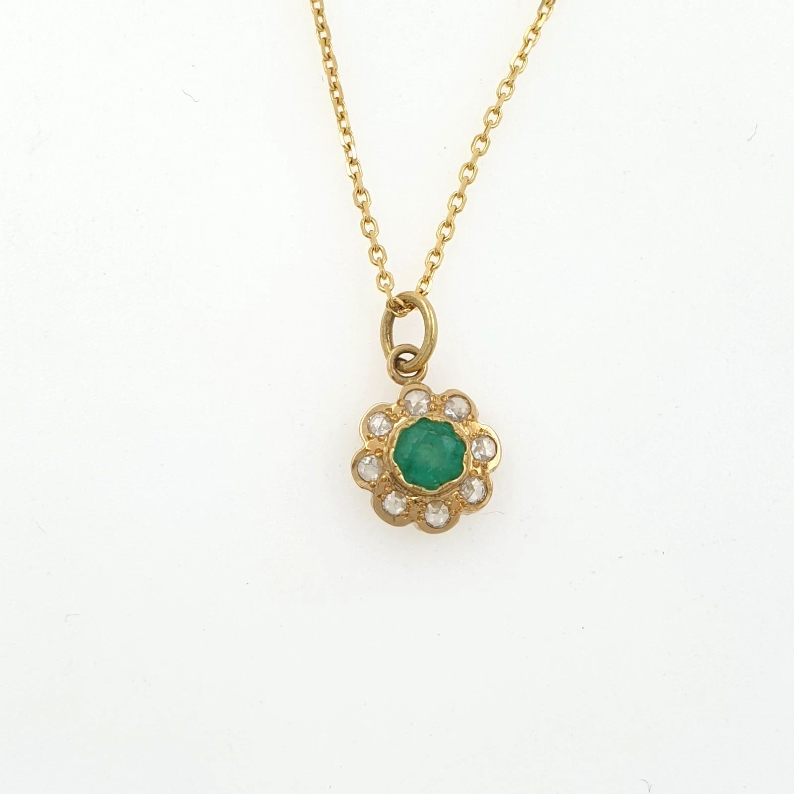 Vintage Flower Set Pendant Necklace & Earrings Diamonds Emeralds 18K Yellow Gold - Image 3