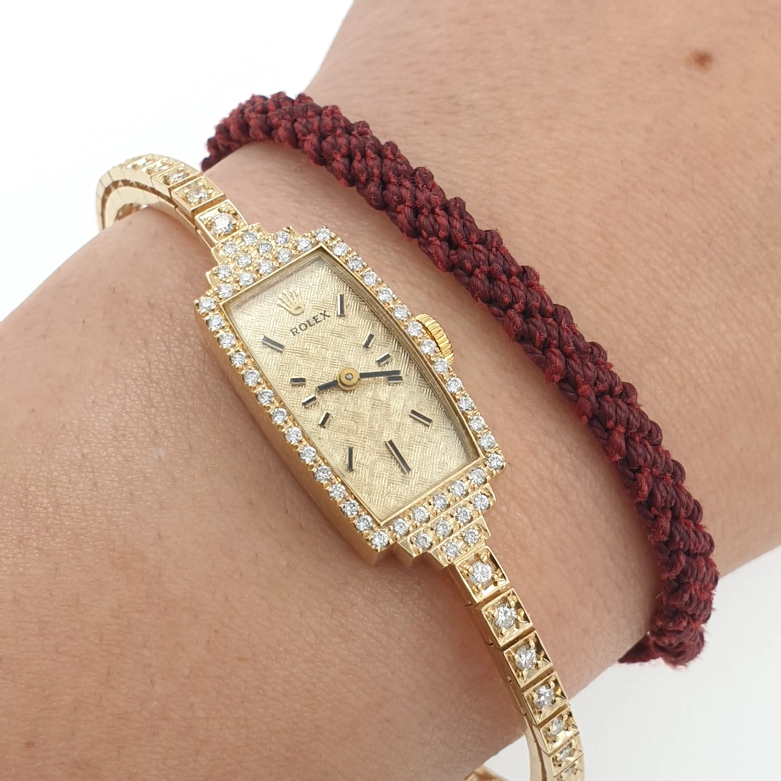 Lady Vintage Rolex Manual Rectangular Watch 14k Yellow Gold with Diamonds Circa 1950s - Image 3