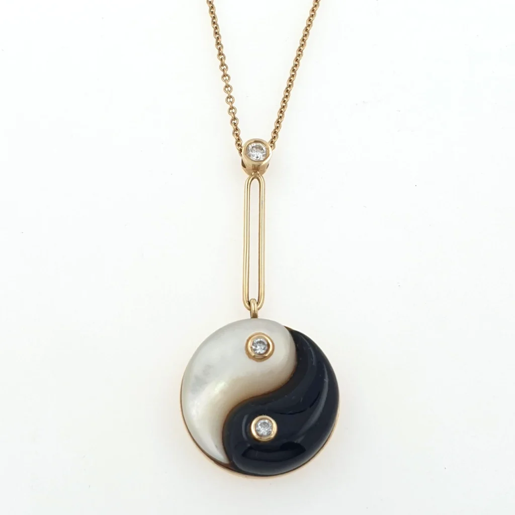 Retrouvai Pendant Necklace 14K Gold Yin Yang Diamonds Onyx and Mother of Pearl