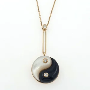 Retrouvai Pendant Necklace 14K Gold Yin Yang Diamonds Onyx and Mother of Pearl