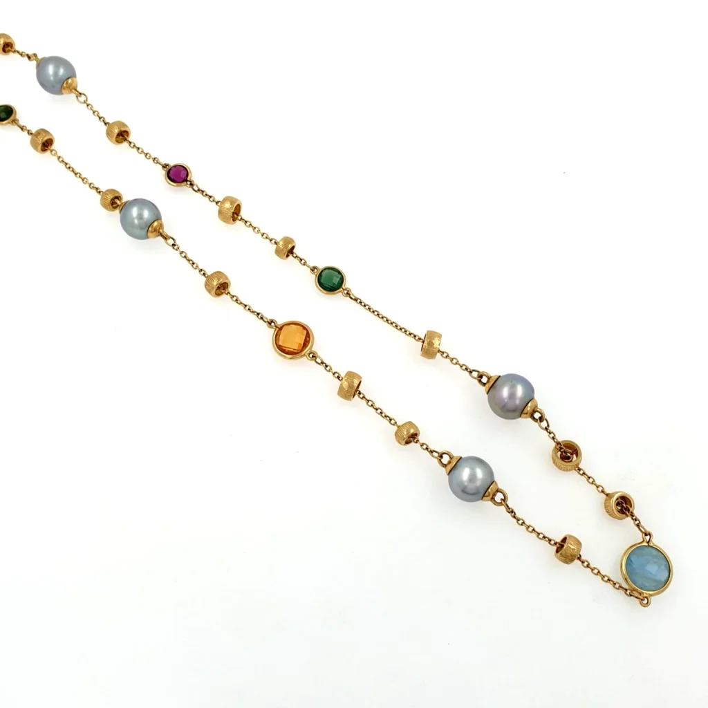Vintage Station Necklace with Natural Stones 14k Yellow Gold - Charms & Beads