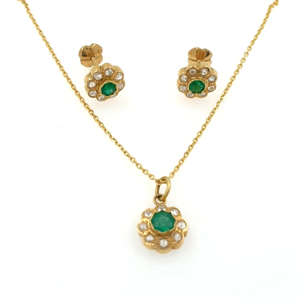 Vintage Flower Set Pendant Necklace & Earrings Diamonds Emeralds 18K Yellow Gold