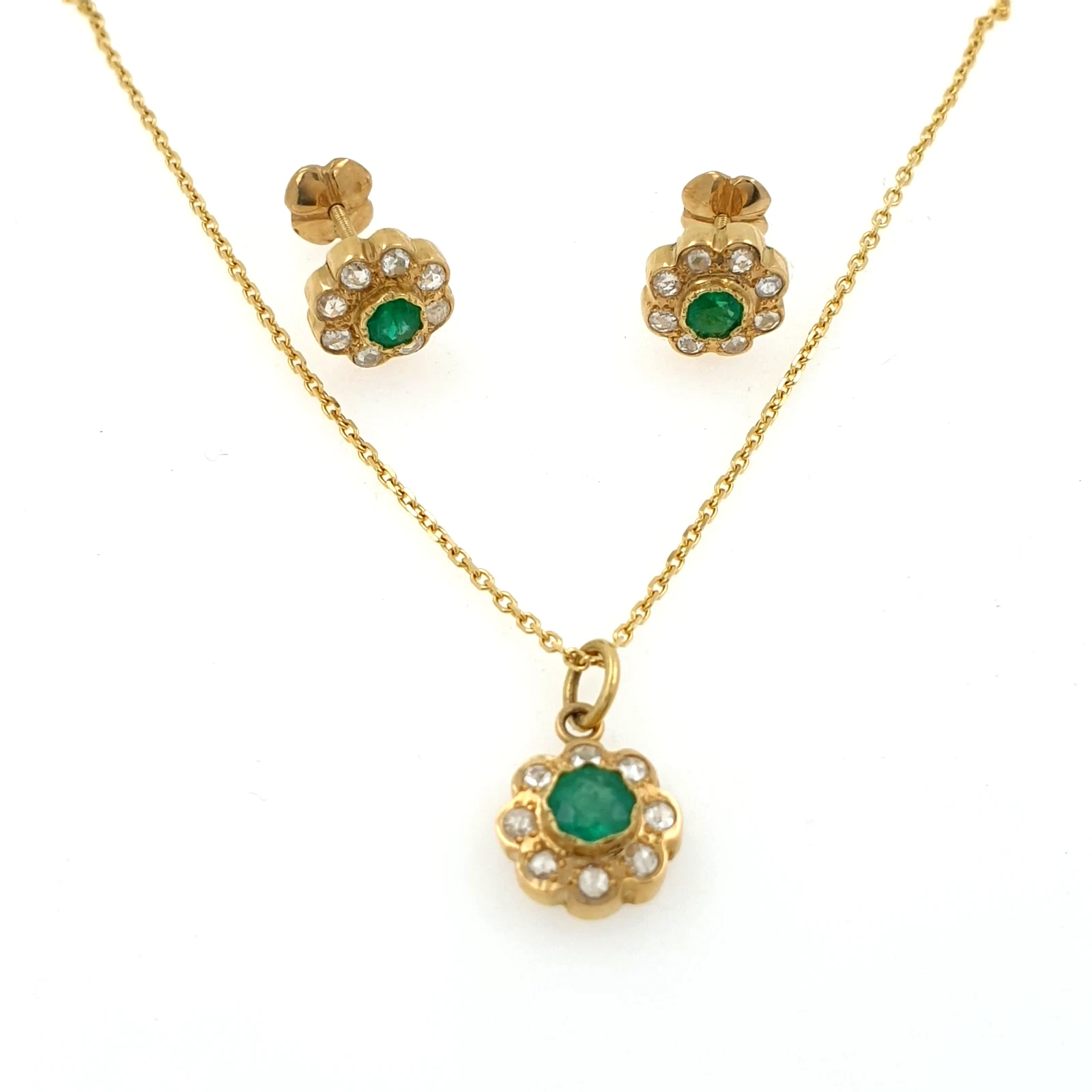 Vintage Flower Set Pendant Necklace & Earrings Diamonds Emeralds 18K Yellow Gold