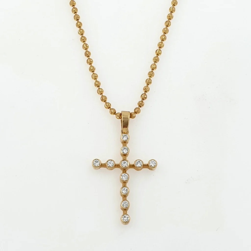 Vintage Cross Pendant Necklace with Natural Diamonds 14k Yellow Gold