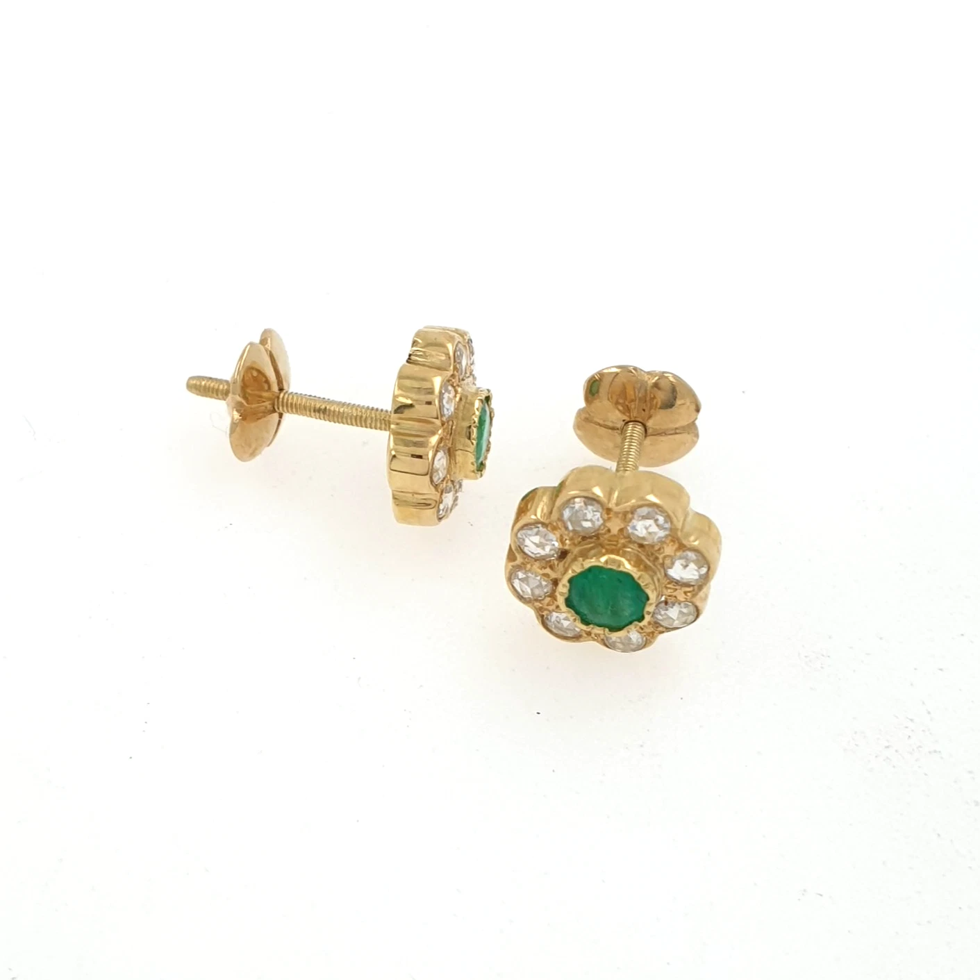 Vintage Flower Set Pendant Necklace & Earrings Diamonds Emeralds 18K Yellow Gold - Image 5