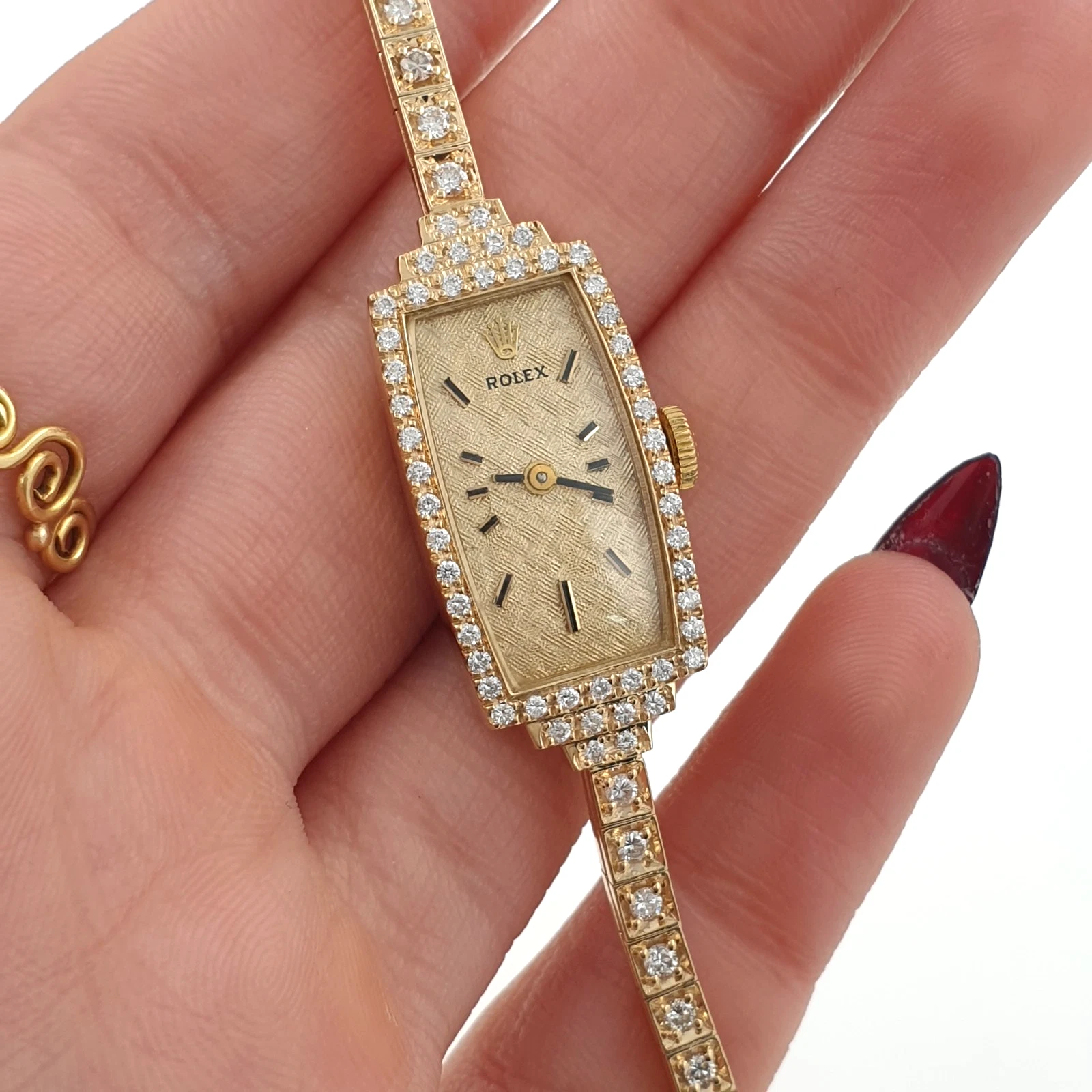 Lady Vintage Rolex Manual Rectangular Watch 14k Yellow Gold with Diamonds Circa 1950s - Image 4