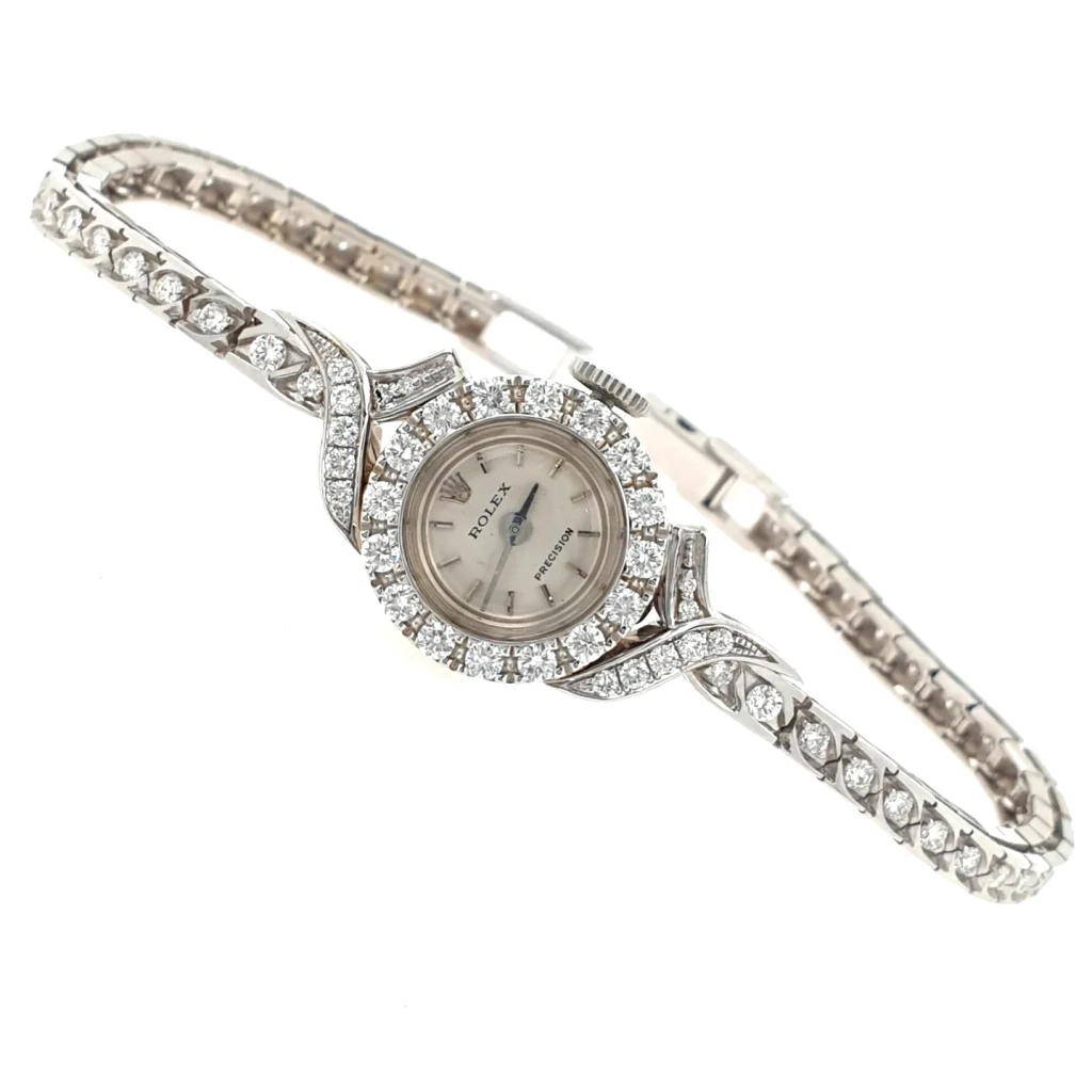 Lady Vintage Rolex Manual Tennis Watch 14k White Gold with Diamonds Circa 1950s