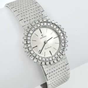 Lady Omega Vintage Manual Watch 18k White Gold with Natural Diamonds 1960s