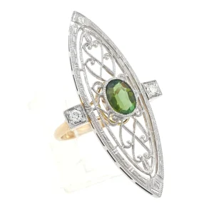 Vintage Oval Ring Natural Diamonds and Peridot 14k White and Yellow Gold