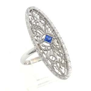 Vintage Oval Ring Natural Diamonds and Sapphire 14k White Gold