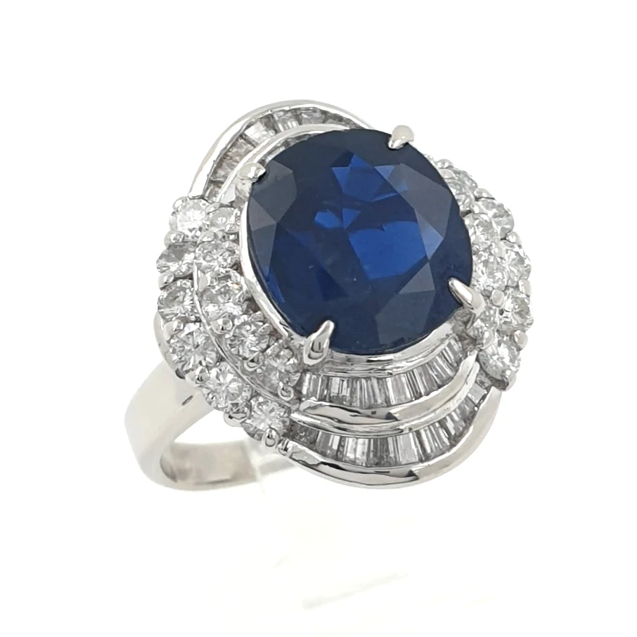 Large Blue Sapphire & Natural Diamond Ring 900 Platinum 14.4gr