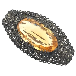 Vintage Large Silver Natural Yellow Citrine Brooch 20.71 Carat Weight Signed