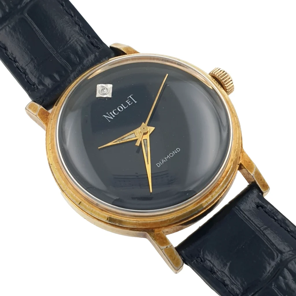 Vintage Nicolet Diamond Manual Ladies Watch Black Dial Museum Gold Filled Case