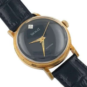 Vintage Nicolet Diamond Manual Ladies Watch Black Dial Museum Gold Filled Case