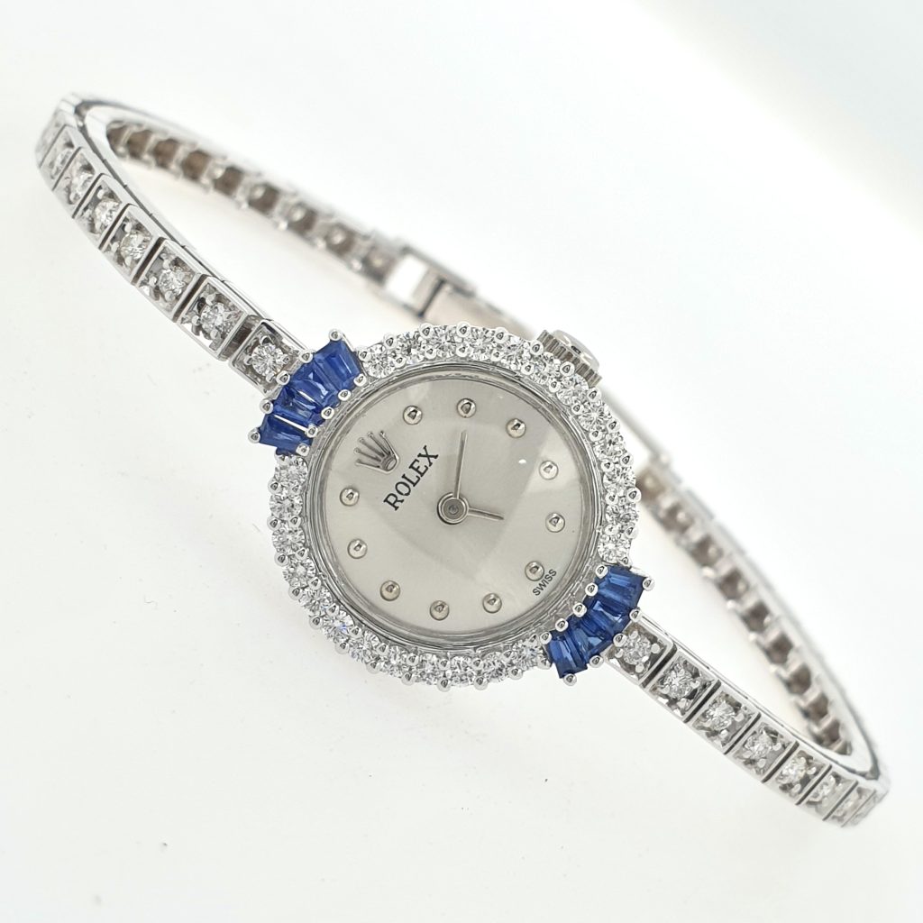 Lady Vintage Rolex Manual Tennis Watch 18k White Gold Diamonds Sapphires 1950s