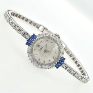 Lady Vintage Rolex Manual Tennis Watch 18k White Gold Diamonds Sapphires 1950s