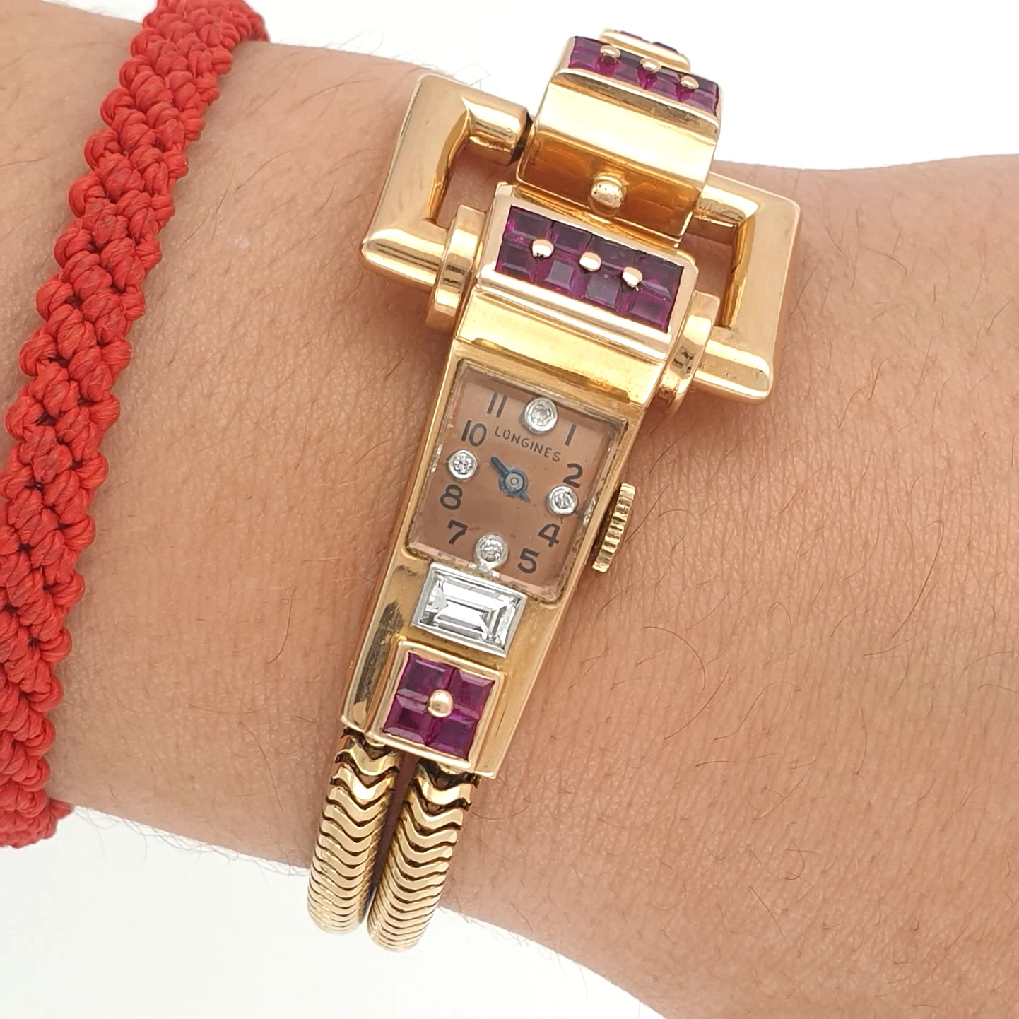 Extremely Rare Longines Vintage Manual 3L Watch 1940s 14k Gold Diamonds Rubies - Image 2