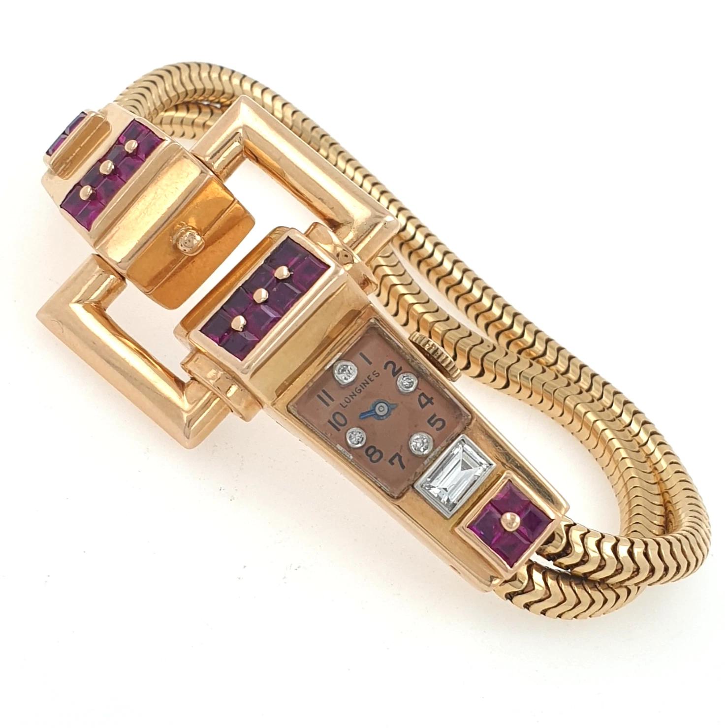 Extremely Rare Longines Vintage Manual 3L Watch 1940s 14k Gold Diamonds Rubies