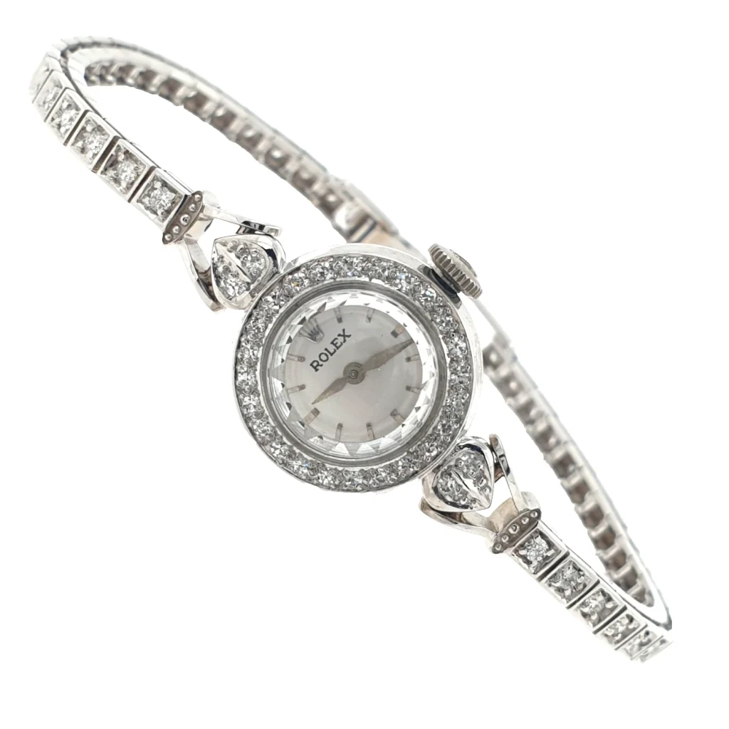 Lady Vintage Rolex Manual Tennis Watch 18k White Gold with Diamonds Circa 1950s