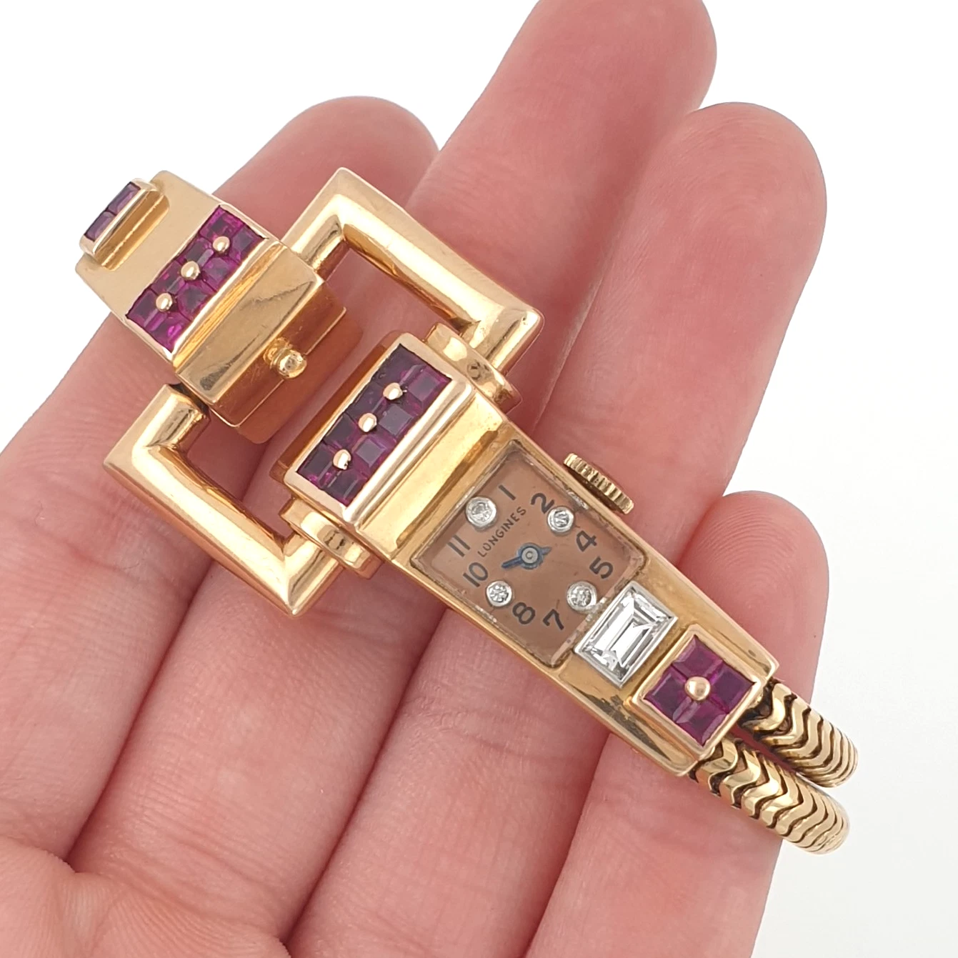 Extremely Rare Longines Vintage Manual 3L Watch 1940s 14k Gold Diamonds Rubies - Image 6