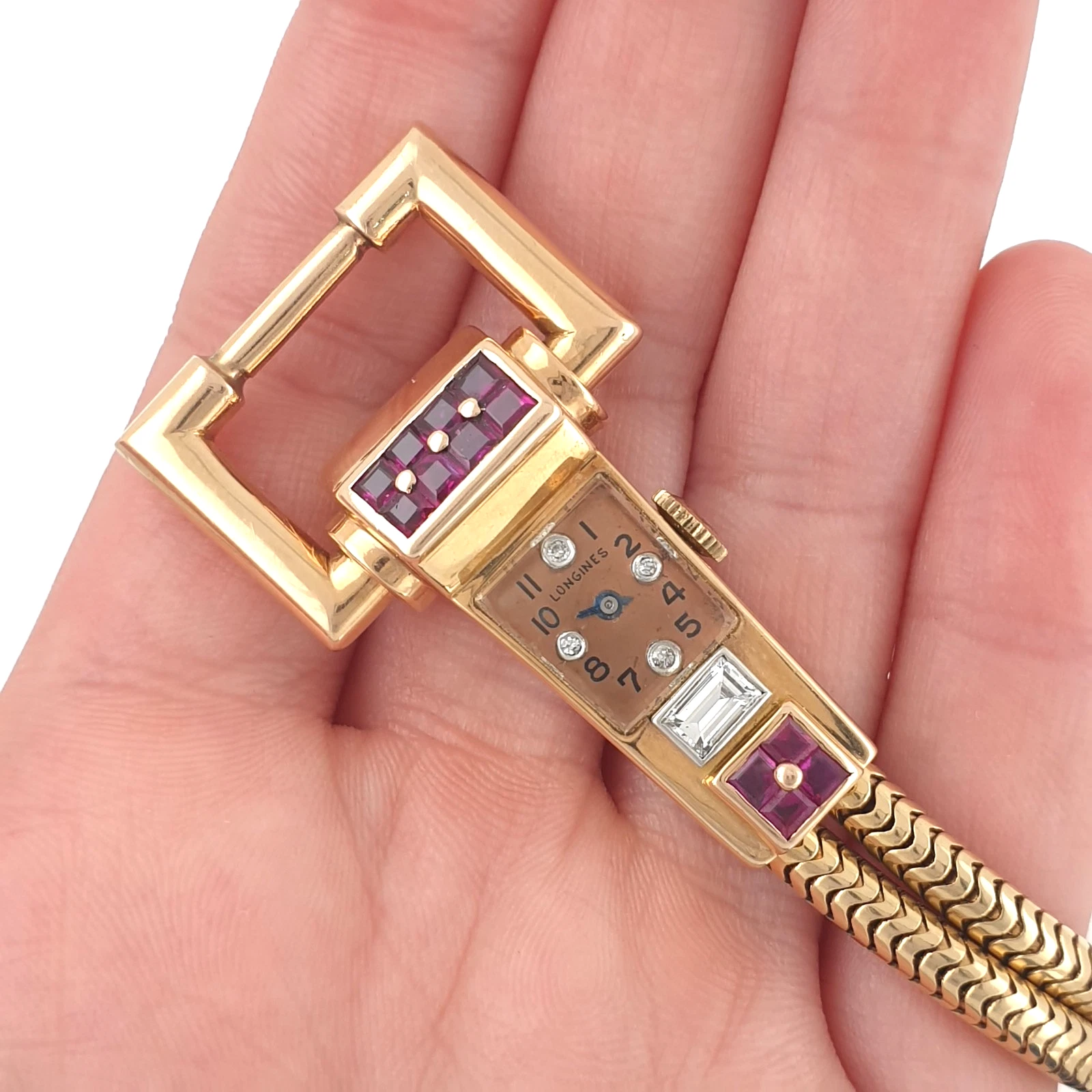 Extremely Rare Longines Vintage Manual 3L Watch 1940s 14k Gold Diamonds Rubies - Image 5
