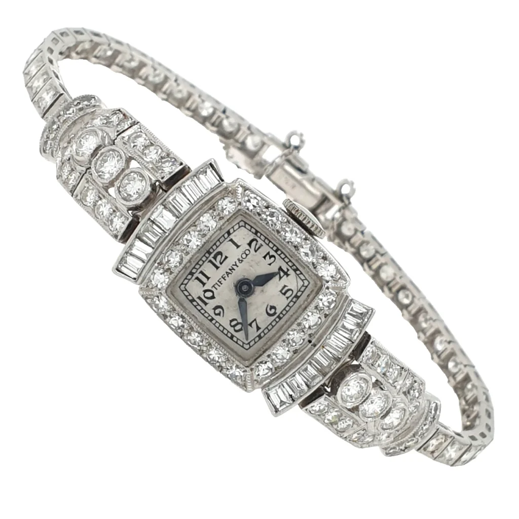 Lady Vintage Tiffany & Co Manual Watch 14k White Gold Tennis Diamonds 1950s