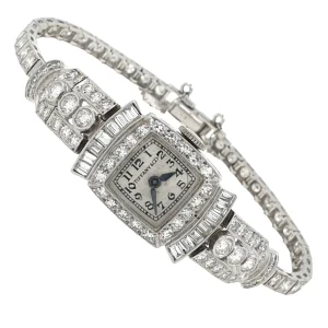 Lady Vintage Tiffany & Co Manual Watch 14k White Gold Tennis Diamonds 1950s